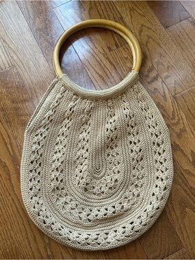 Vintage Crochet Bamboo Ring Handle Bag Beige Tan Boho Summer Tote
